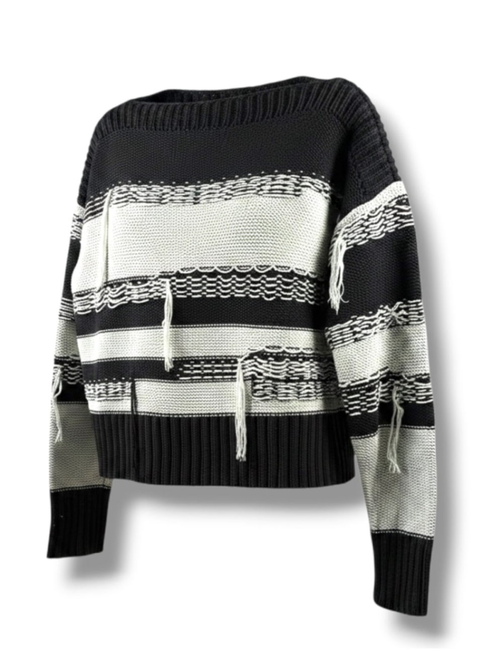 Margaret O’Leary Striped Boat Neck Distressed Sweater in Black White S L